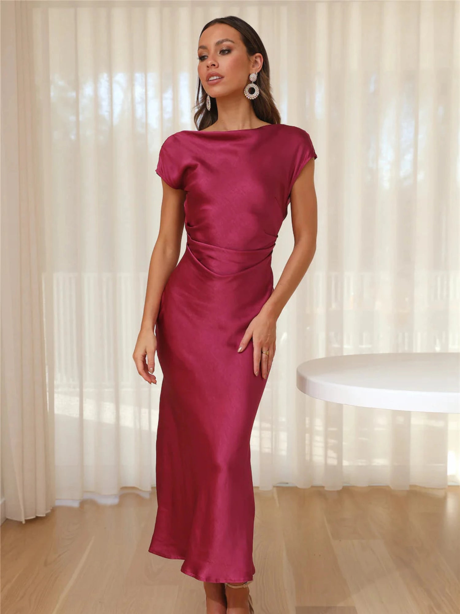 Estelle Satin Midi Dress Fuschia