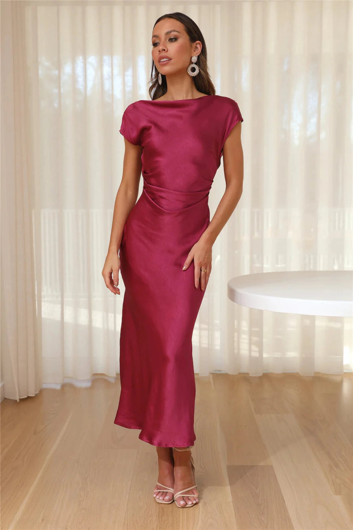 Estelle Satin Midi Dress Fuschia