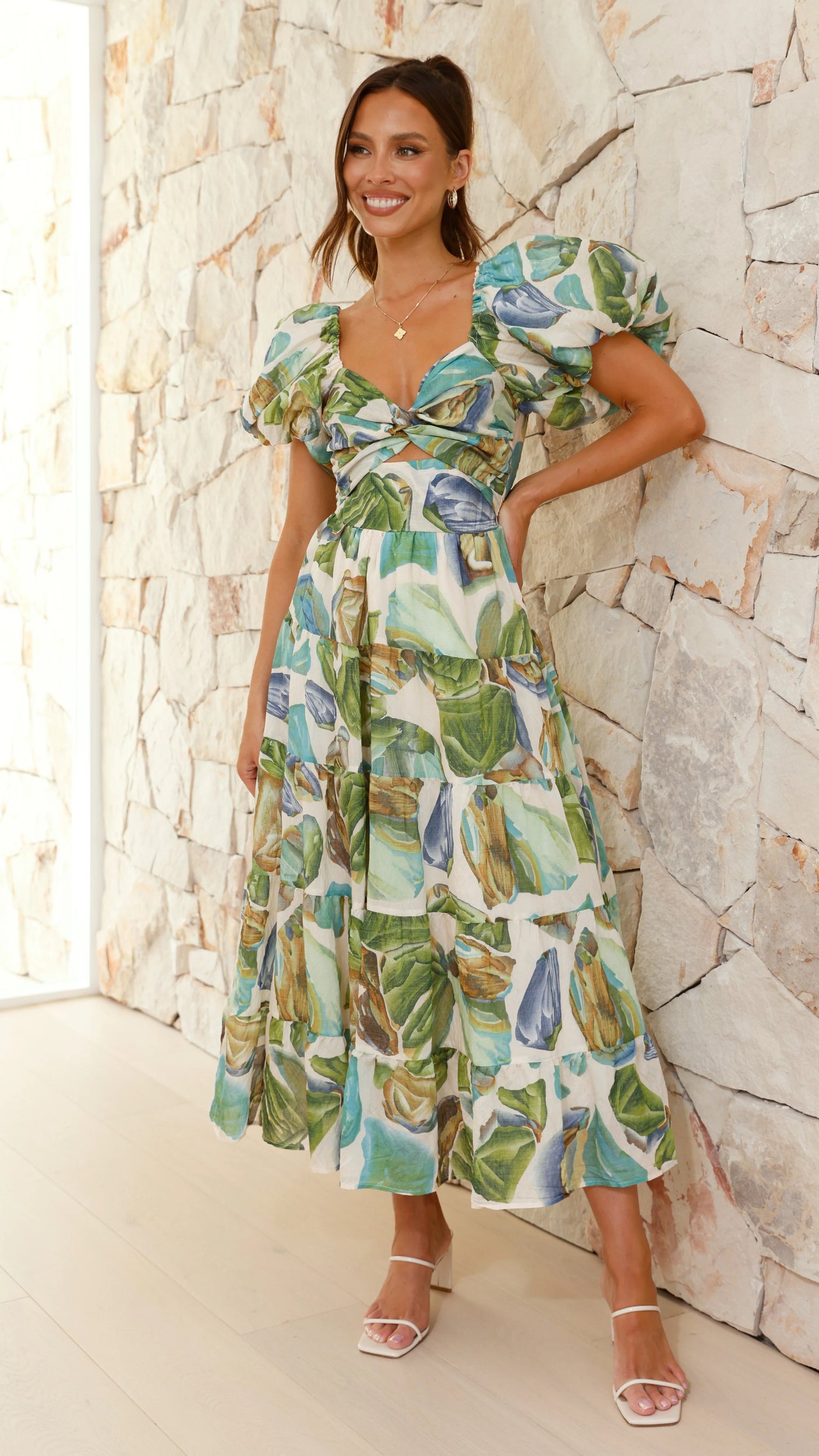 Adella Short Sleeve Green Floral Cocktail Dress
