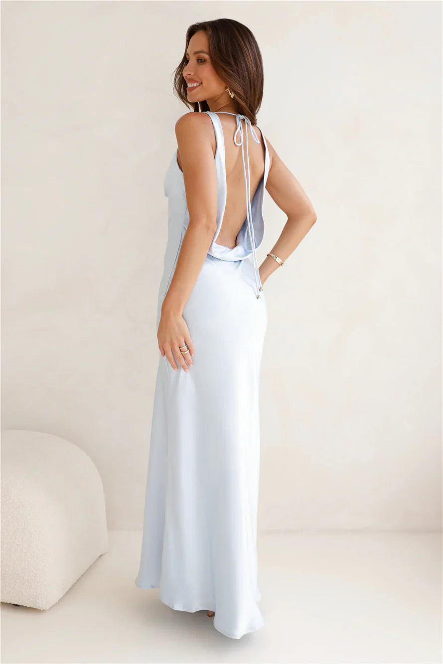'Carmen' Satin cowl gown in Ice Blue