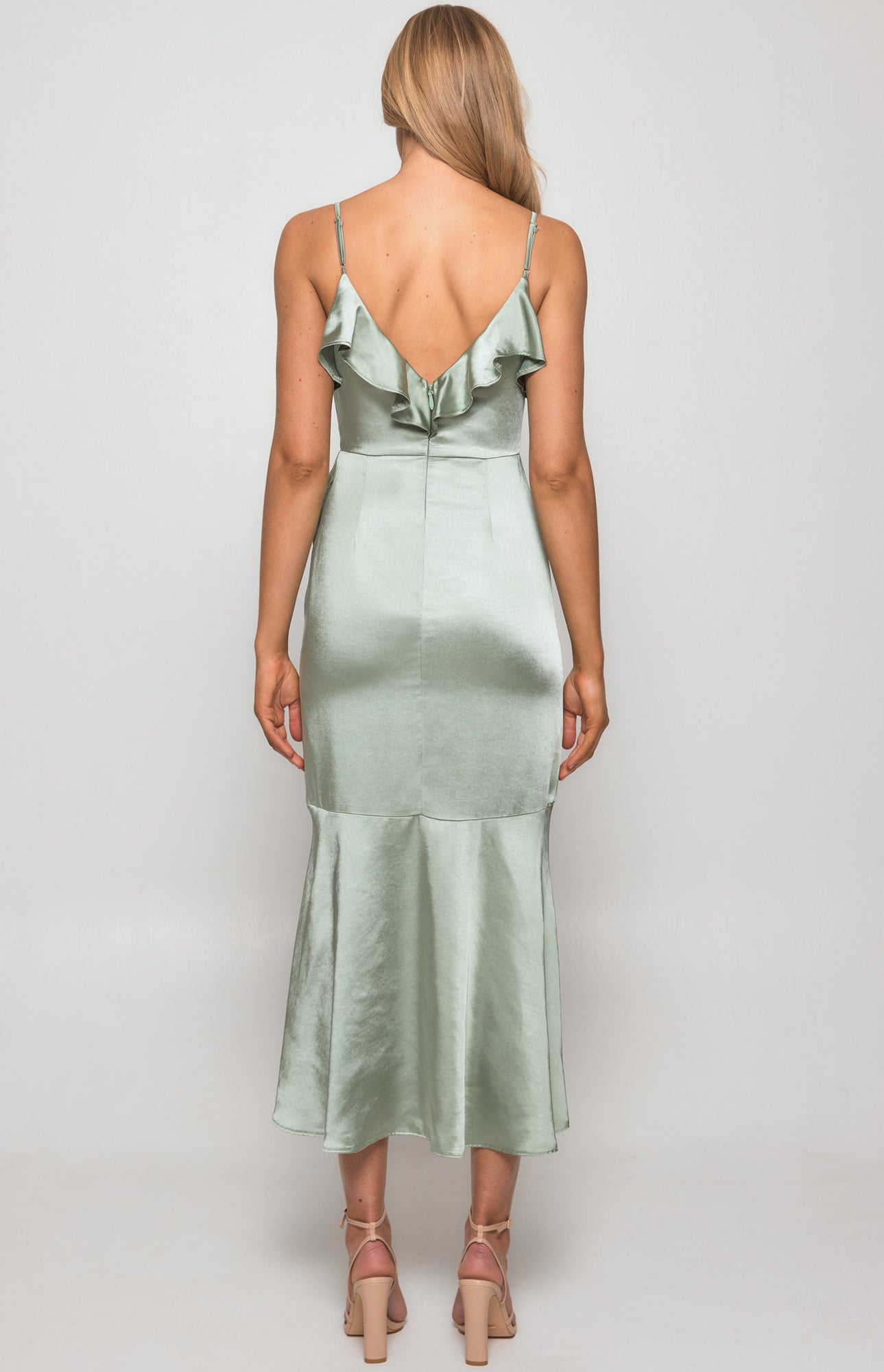 Satin Midi Dress with Frill Neckline and Waterfall Hem - Sage (SDR1350A)