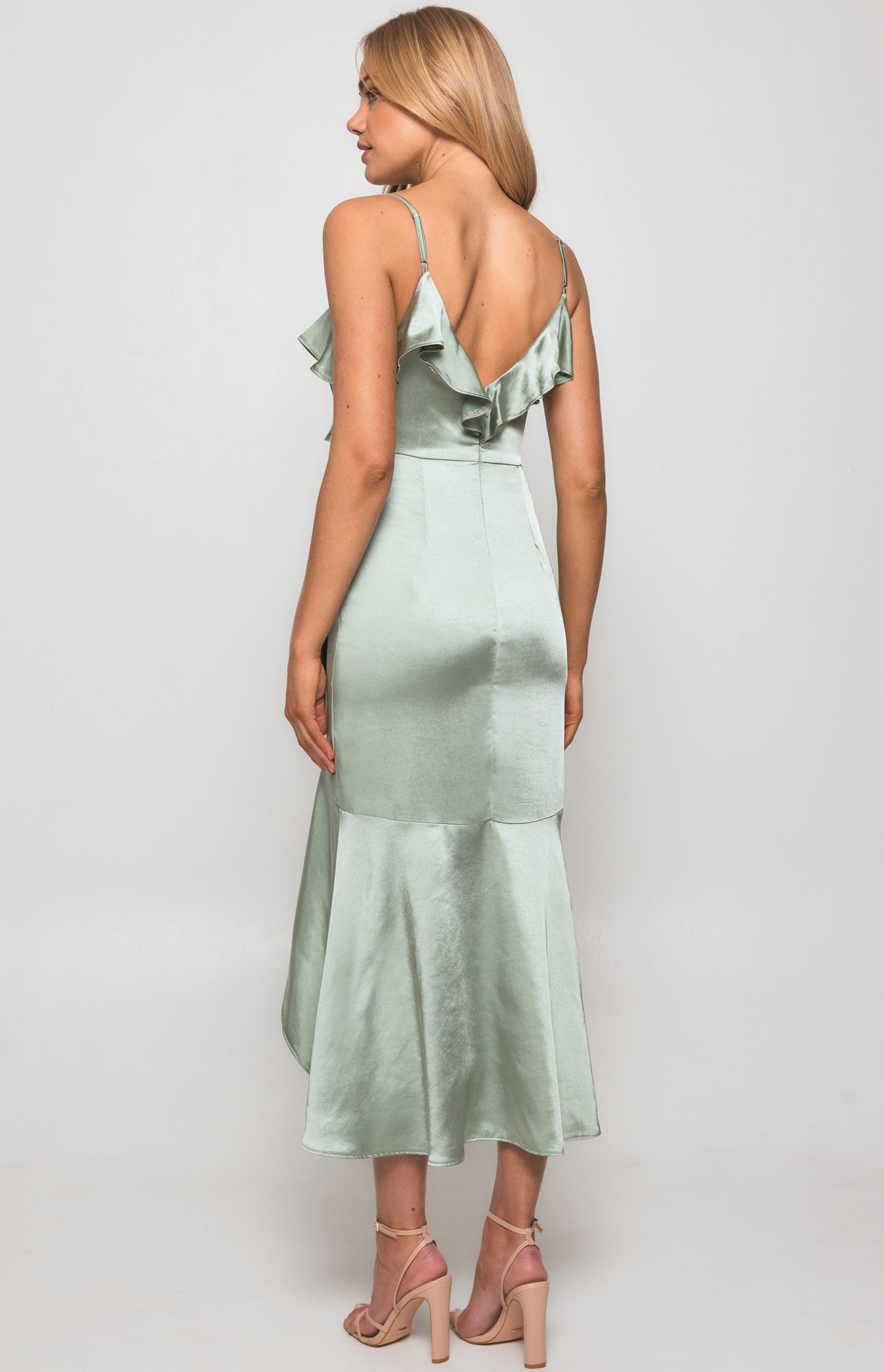 Satin Midi Dress with Frill Neckline and Waterfall Hem - Sage (SDR1350A)