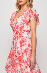 Floral Chiffon Tiered Frill Hem Midi Dress with flutter sleeve - Pink