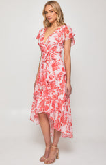 Floral Chiffon Tiered Frill Hem Midi Dress with flutter sleeve - Pink