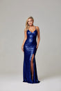 PO594 India front of cobalt blue fully lined, floor length, stretch sequin formal dress