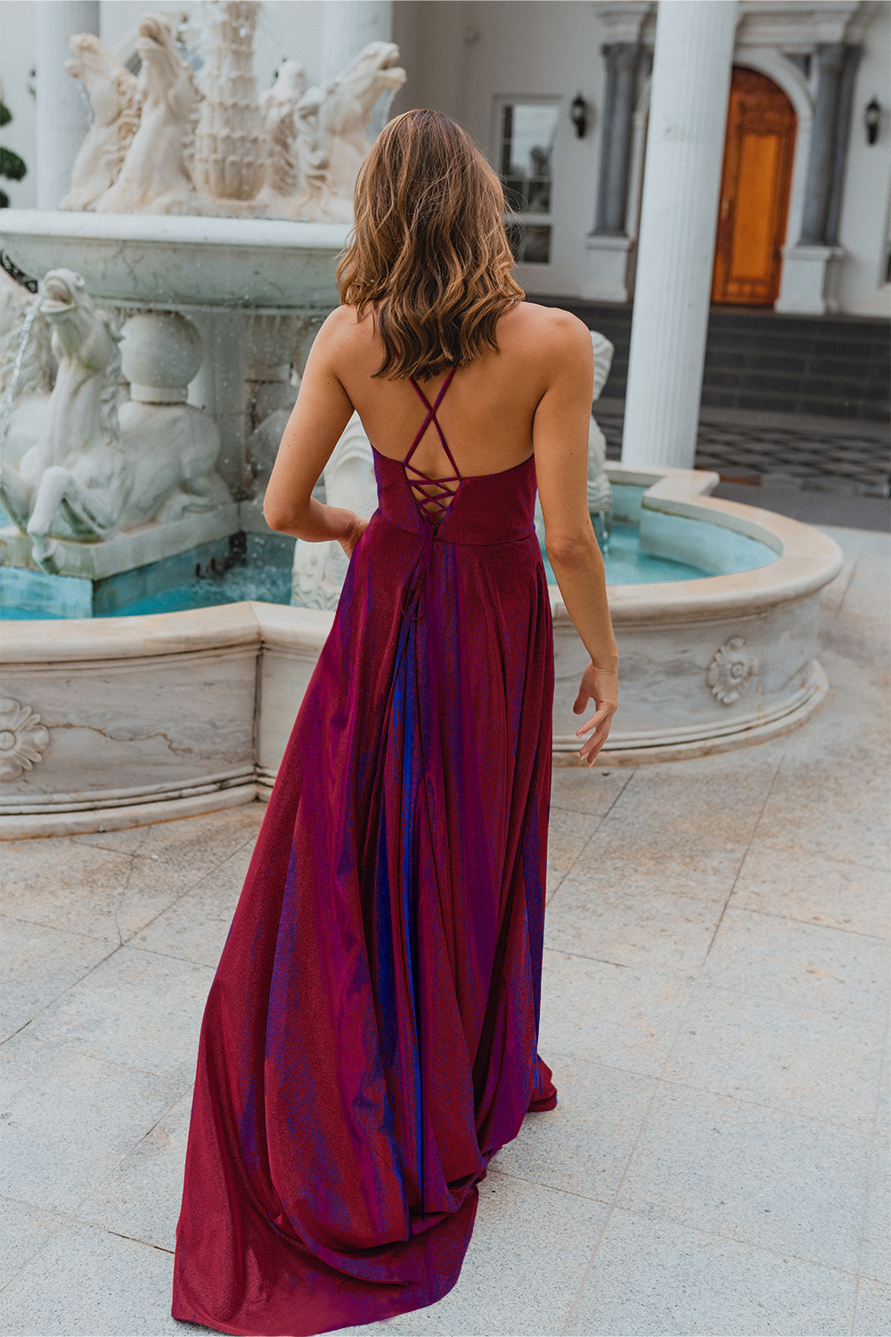 PO891 Monroe back of fuchsia v-neckline, A Line, sparkle satin formal dress