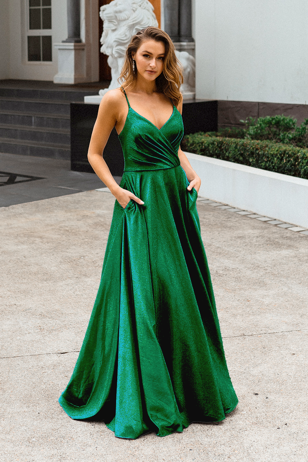 PO891 Monroe front of emerald green v-neckline, A Line, sparkle satin formal dress