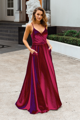 PO891 Monroe front of fuchsia v-neckline, A Line, sparkle satin formal dress