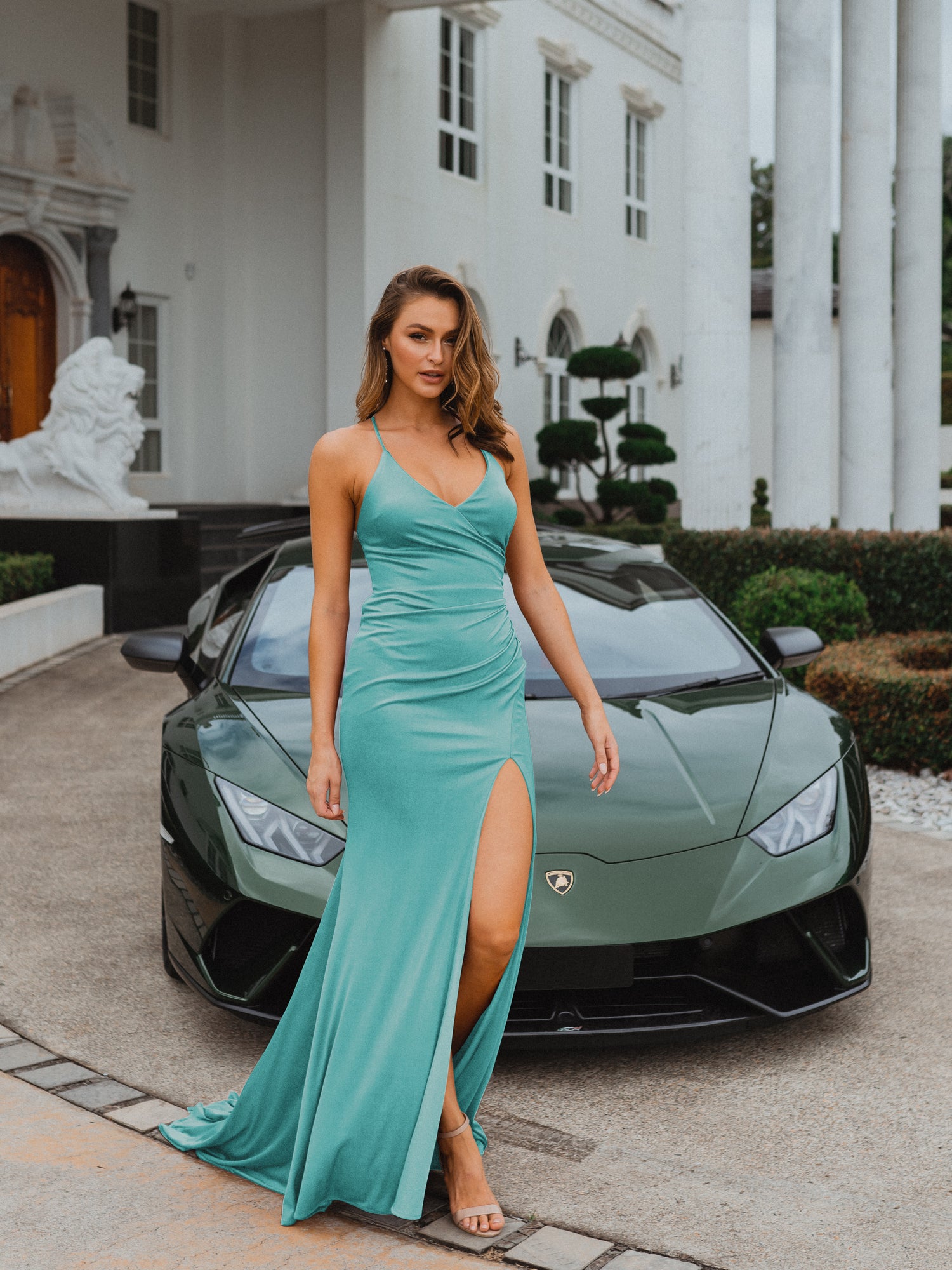 PO917 Aqua blue Scoop Neckline Fitted Floor length formal dress