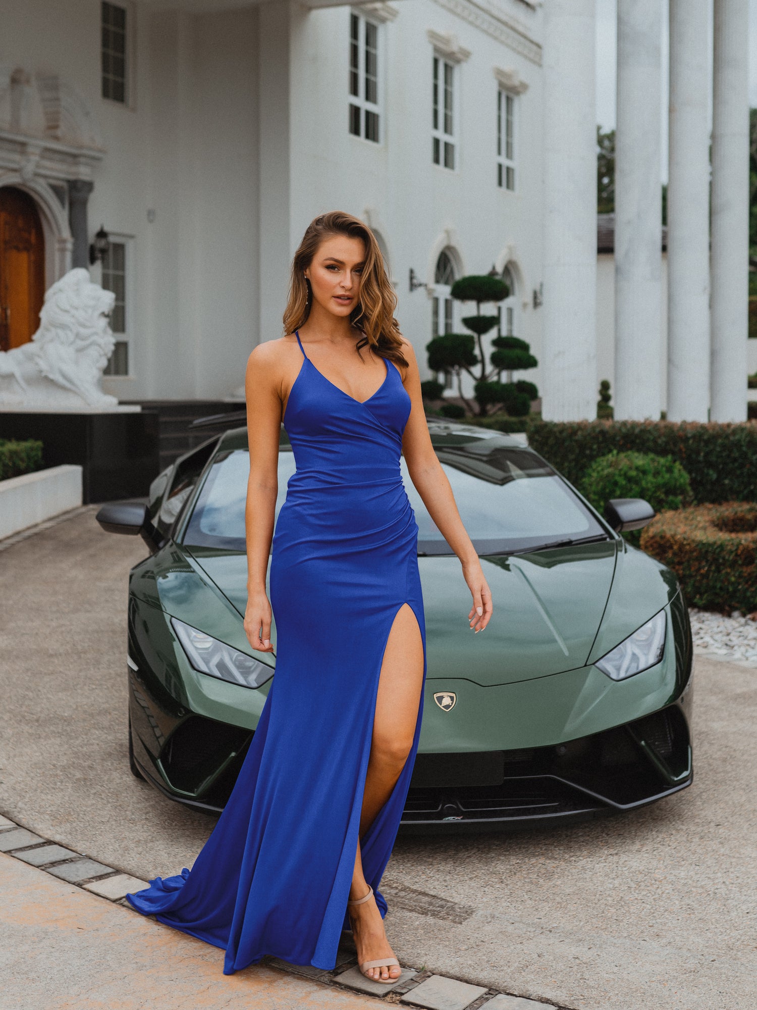 PO917 Cobalt Blue Scoop Neckline Fitted Floor length dress