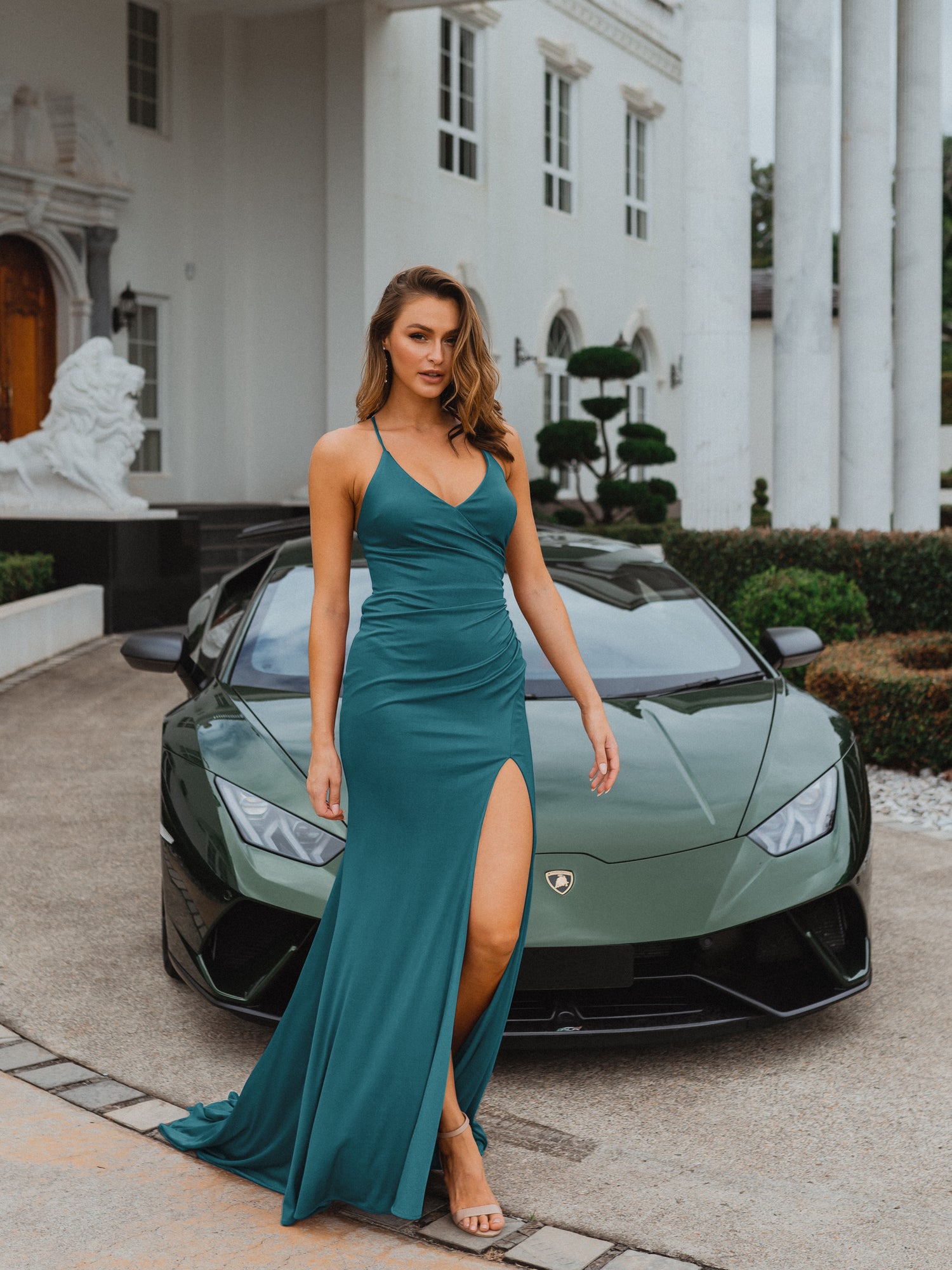 PO917 Teal Scoop Neckline Fitted Floor length dress