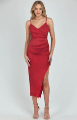 Satin Midi Dress With Side Pleated Detail