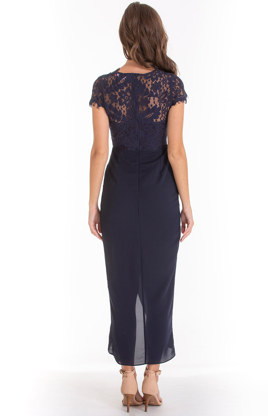 Lace bodice midi dress with cap sleeves & tulip hem - Navy