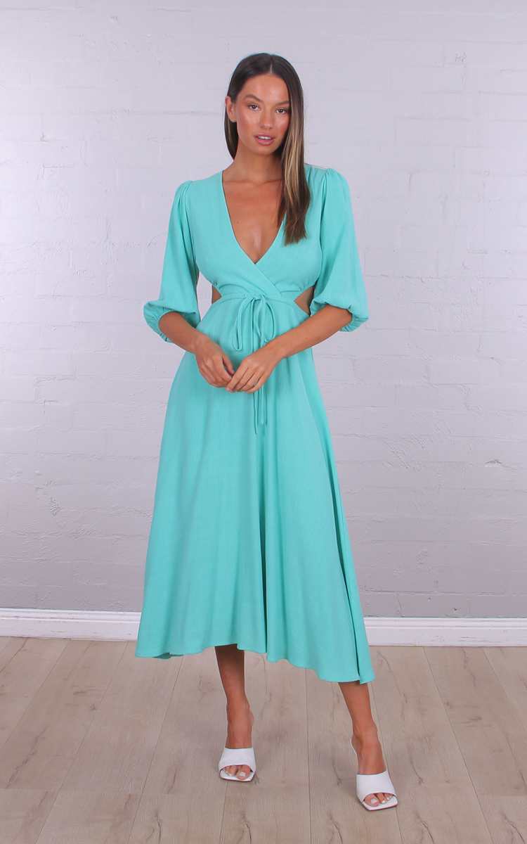 Mint midi dress with sleeves & cut outs