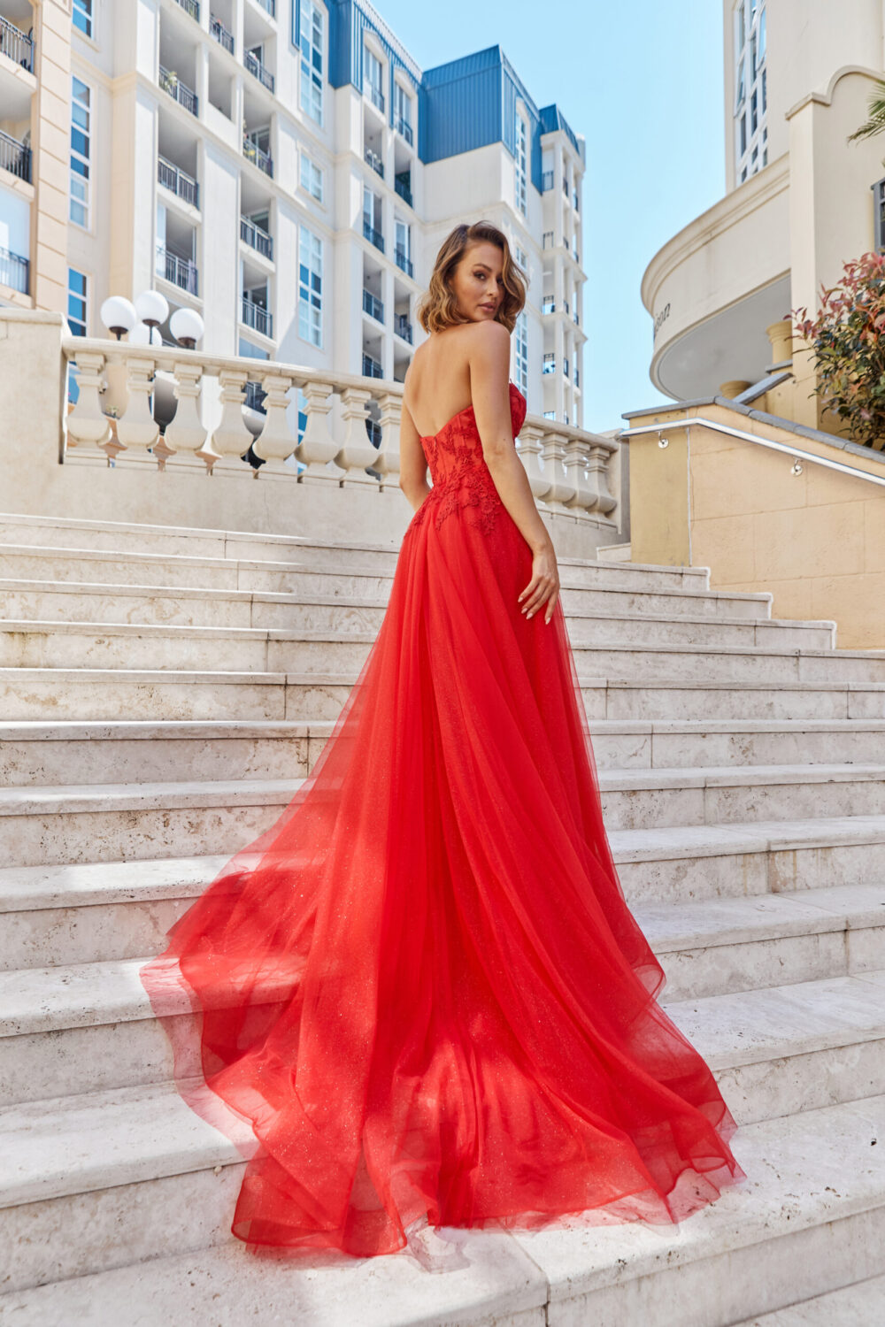 PO926 back of red Hadley A-Line, sweetheart neckline, lace and glitter tulle formal dress