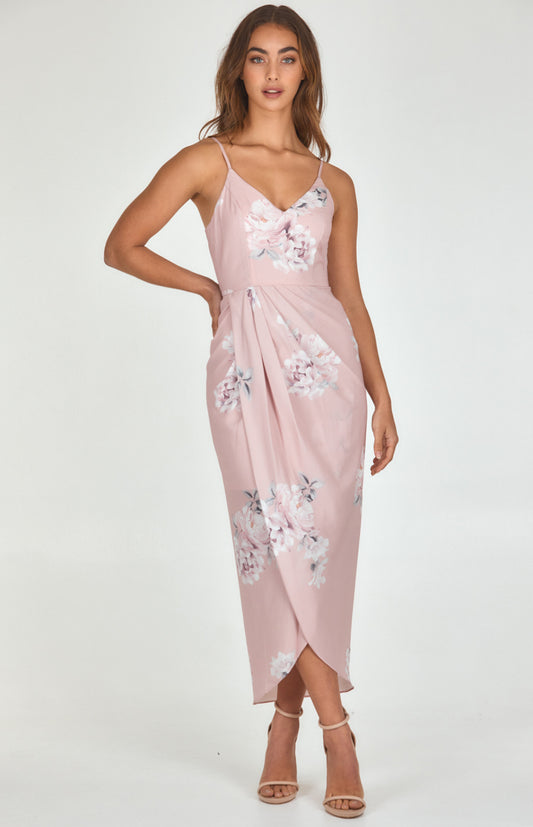 Floral Print Dress with Tulip Hem Navy & Blush