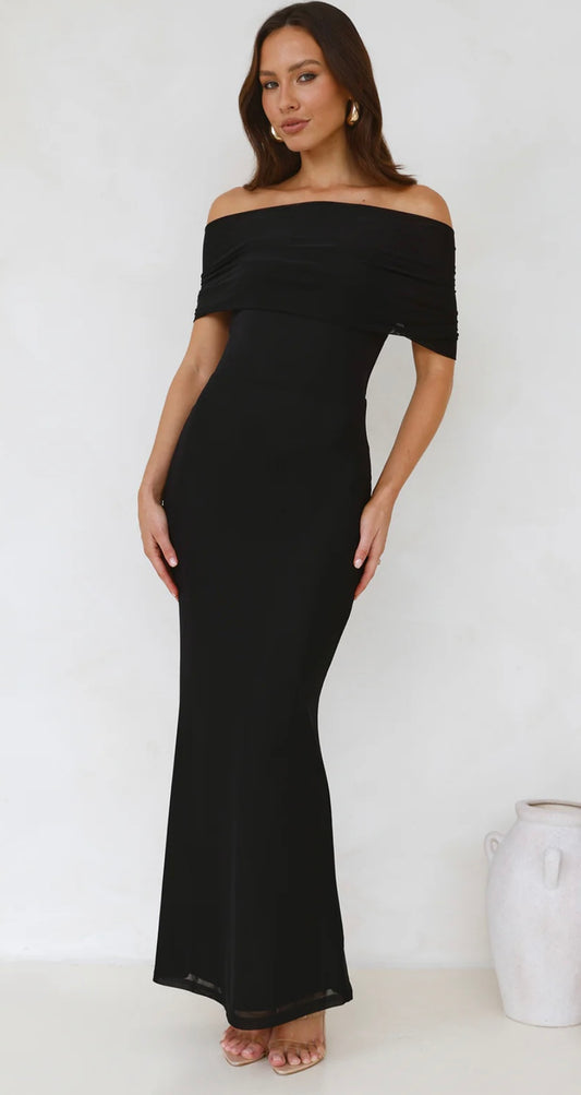 Black off shoulder maxi stretch dress