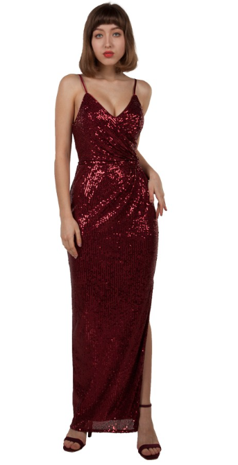 Sequin V neck midi dress with shoe string straps (Ready to ship!)