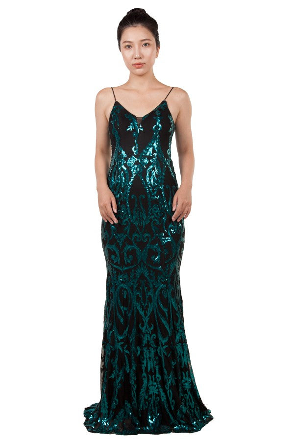 Patterned sequin gown - Teal/Black (222278) (Ready to ship!)
