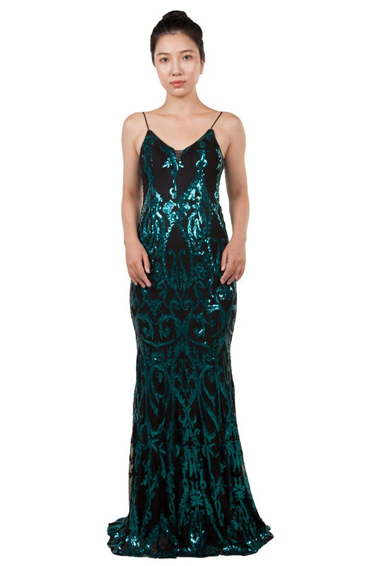 Patterned sequin gown - Teal/Black (222278)