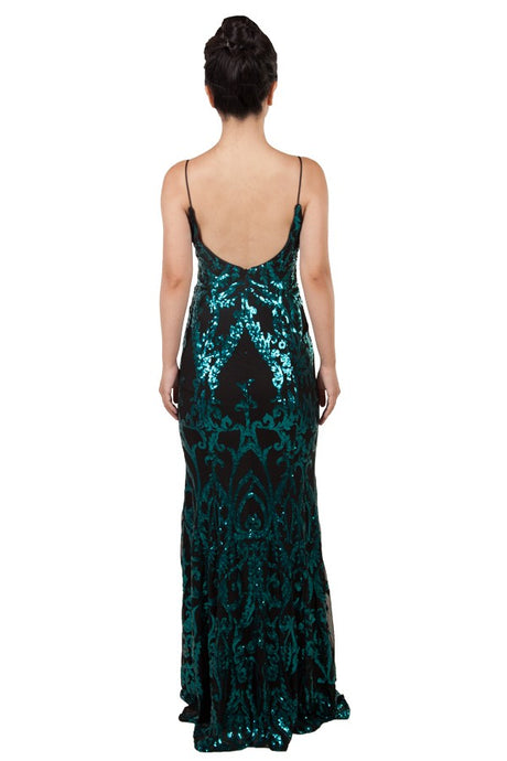 Patterned sequin gown - Teal/Black (222278) (Ready to ship!)