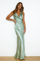 'Carmen' Satin cowl gown Pistachio