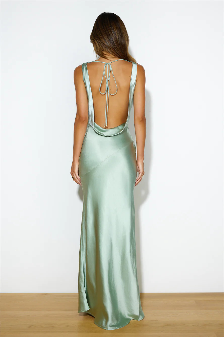 'Carmen' Satin cowl gown Pistachio
