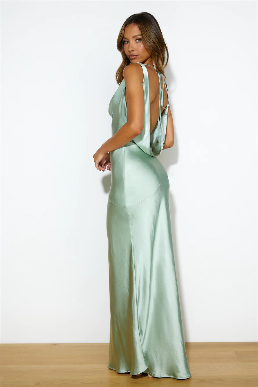 'Carmen' Satin cowl gown Pistachio