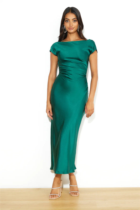 Estelle Satin Midi Dress Emerald