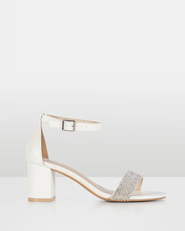 Taryn White Diamante strap Low Block Heel