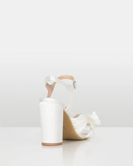 Astonish White Satin Bow Block Heel