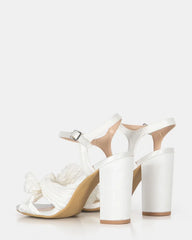 Astonish White Satin Bow Block Heel