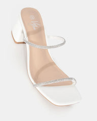 Aquarius White Low Block Heel with Diamante strap