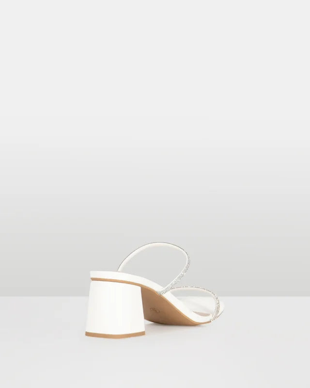 Aquarius White Low Block Heel with Diamante strap