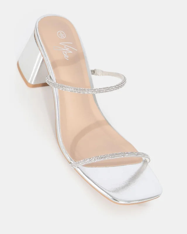 Aquarius Silver Low Block Heel with Diamante strap