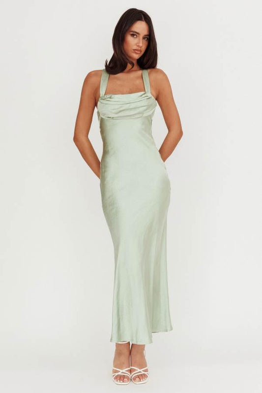 'Gabby' - Sage Satin Dress