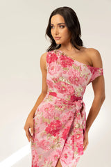 Michelle Drop Shoulder Pink Floral Midi Dress