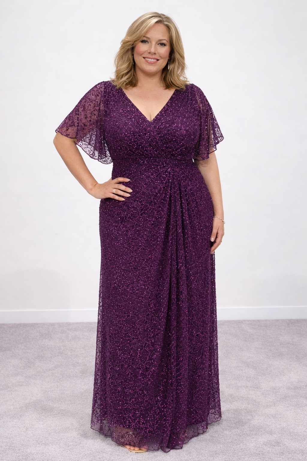 Zaliea V Neck Long Sequin Dress Z0394 in Mulberry (Ready to ship!)