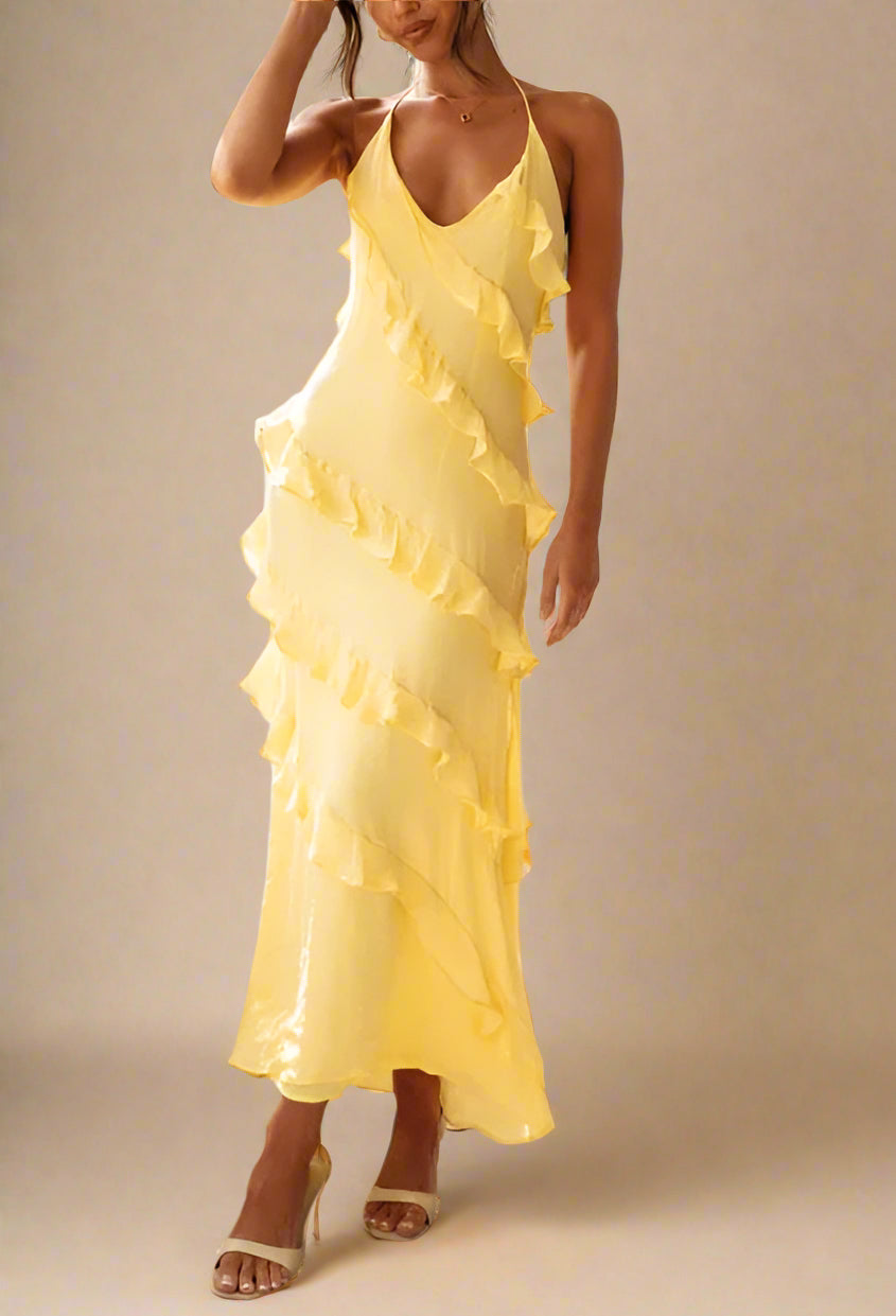 Cosmo Halter maxi frill dress Lemon