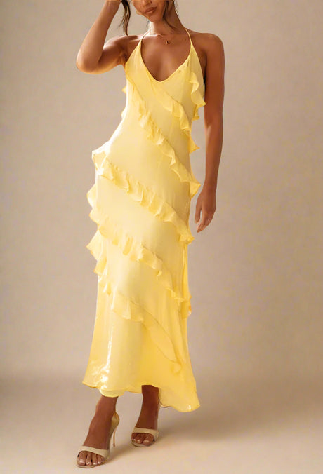 Cosmo Halter maxi frill dress Lemon