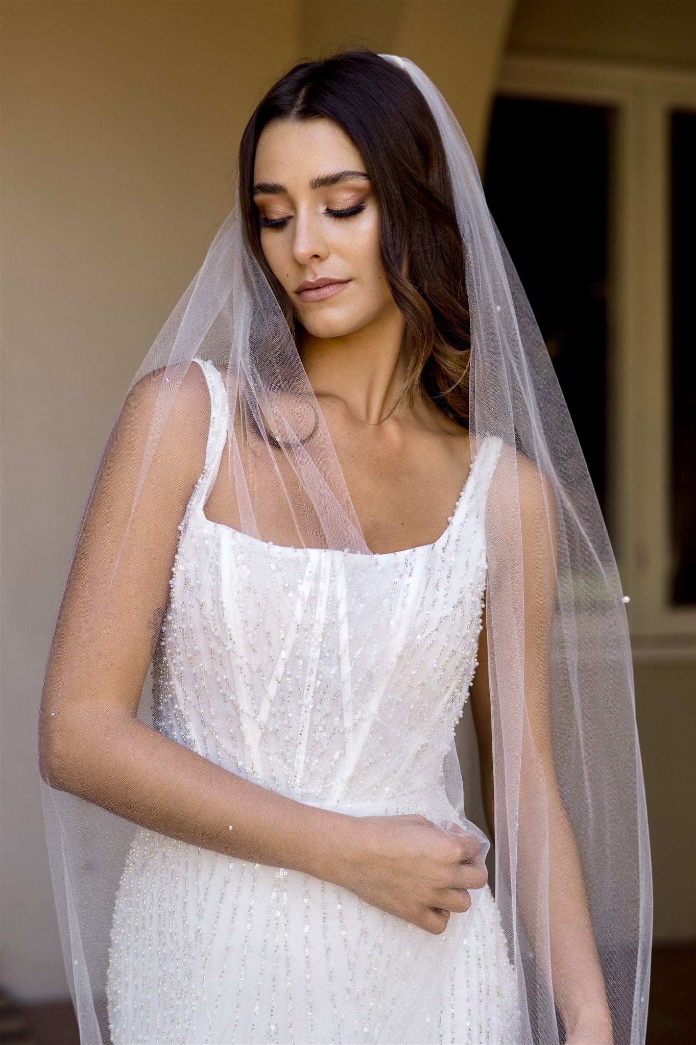 Alexis Cathedral veil with Pearls and Crystals