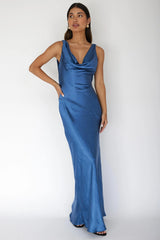 'Carmen' Satin cowl gown Navy