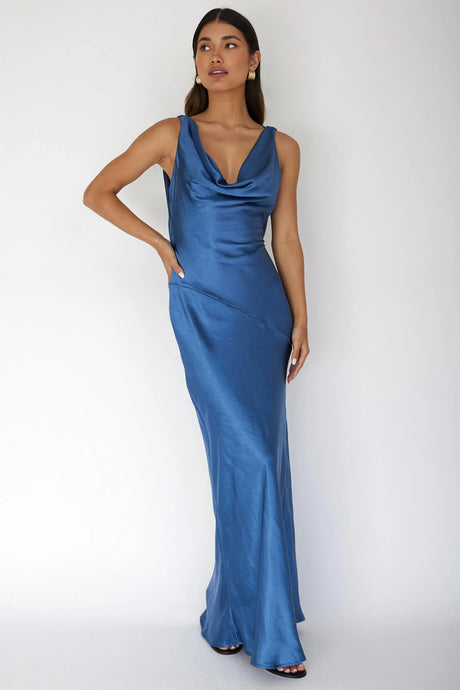 'Carmen' Satin cowl gown Navy