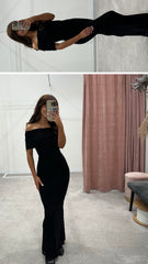 Black off shoulder maxi stretch dress