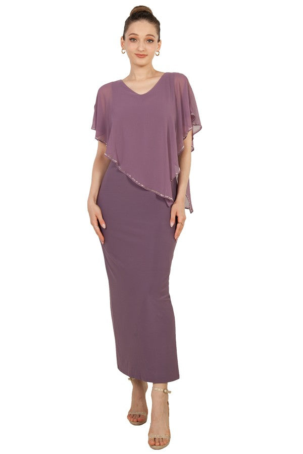 Mauve Floor length gown with Chiffon overlay and thin beaded trim size 18 (222460)
