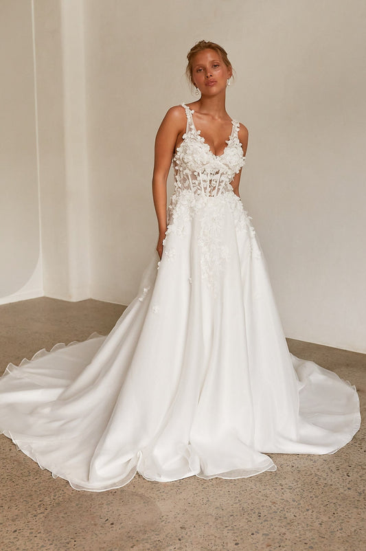 Lace V neck wedding dress