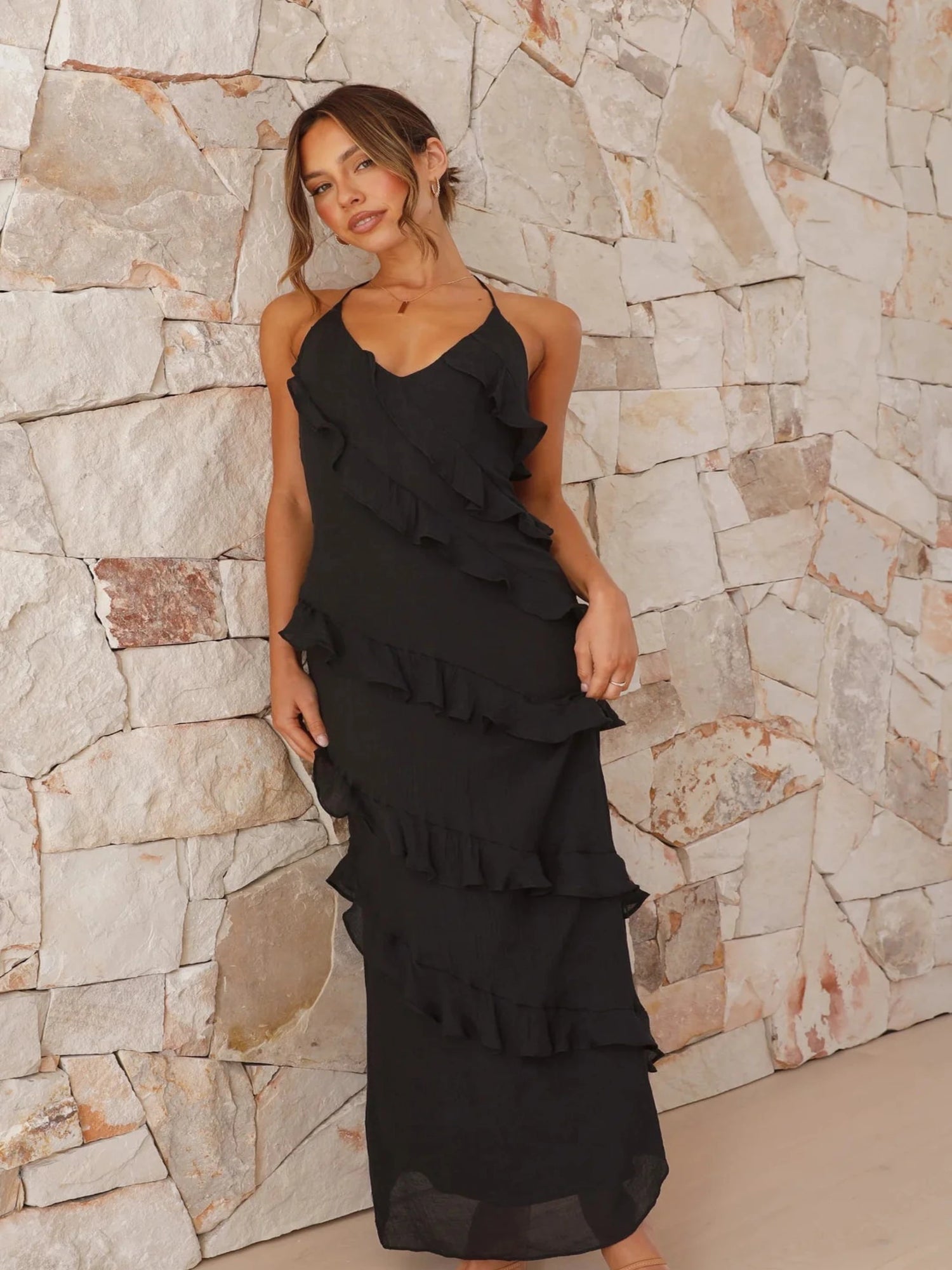 Cosmo Halter maxi frill dress Black