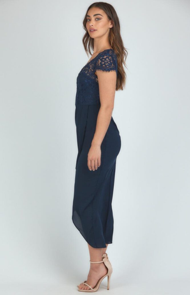 Lace bodice midi dress with cap sleeves & tulip hem - Navy