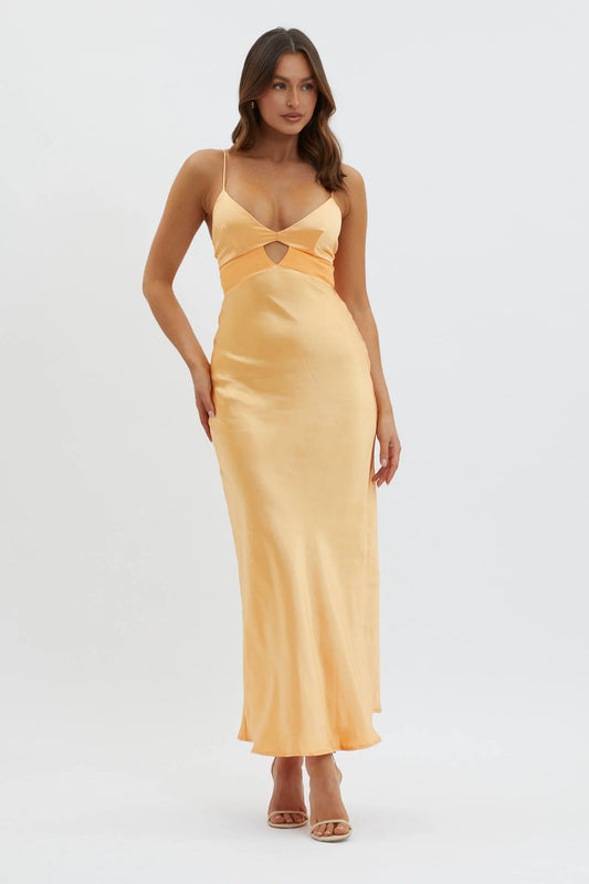 'Ella' Satin Midi Dress in Lemon