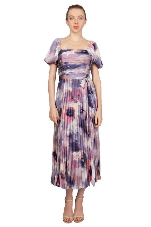 Stretch Pleated Midi Dress - Lilac multi